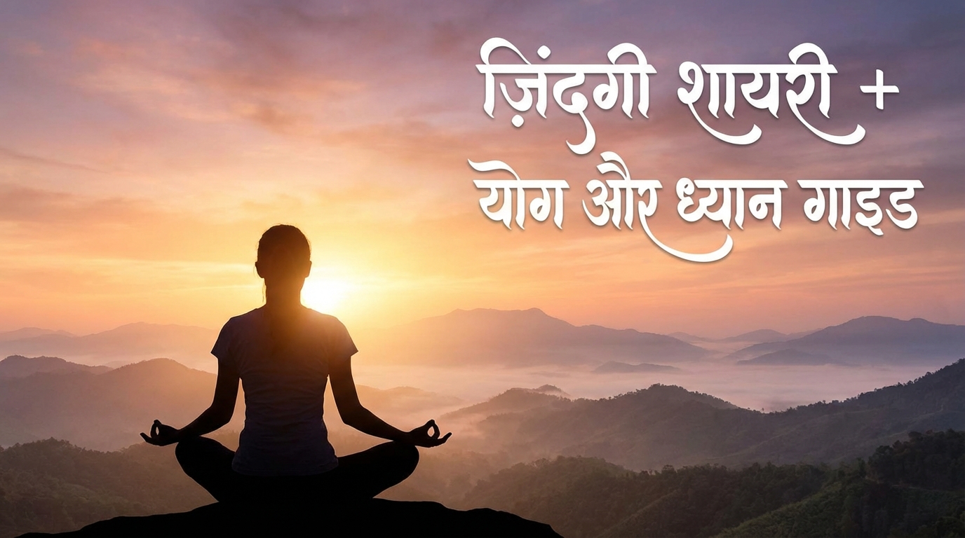 “Person meditating at sunrise with Zindagi Shayari and Yoga Meditation Guide text overlay for stress-free life blog”
