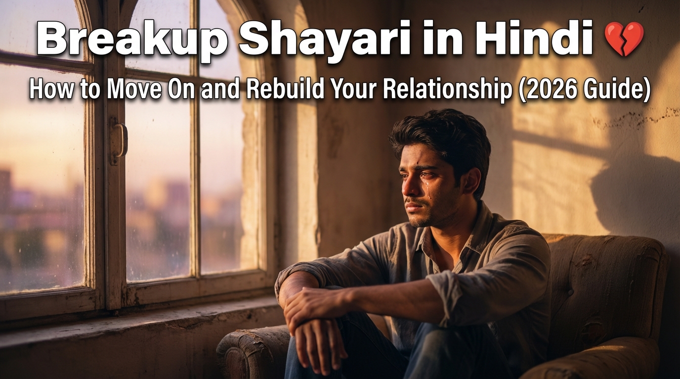 Breakup shayari in Hindi with move on and relationship healing tips, emotional Indian man at sunset