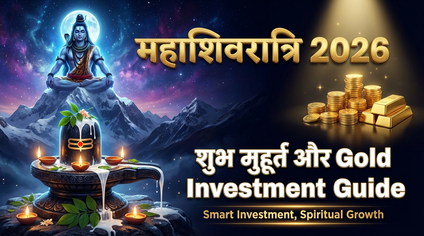 “Maha Shivratri 2026 featured image with Lord Shiva, Shivling and gold coins symbolizing shubh muhurat and gold investment guide”