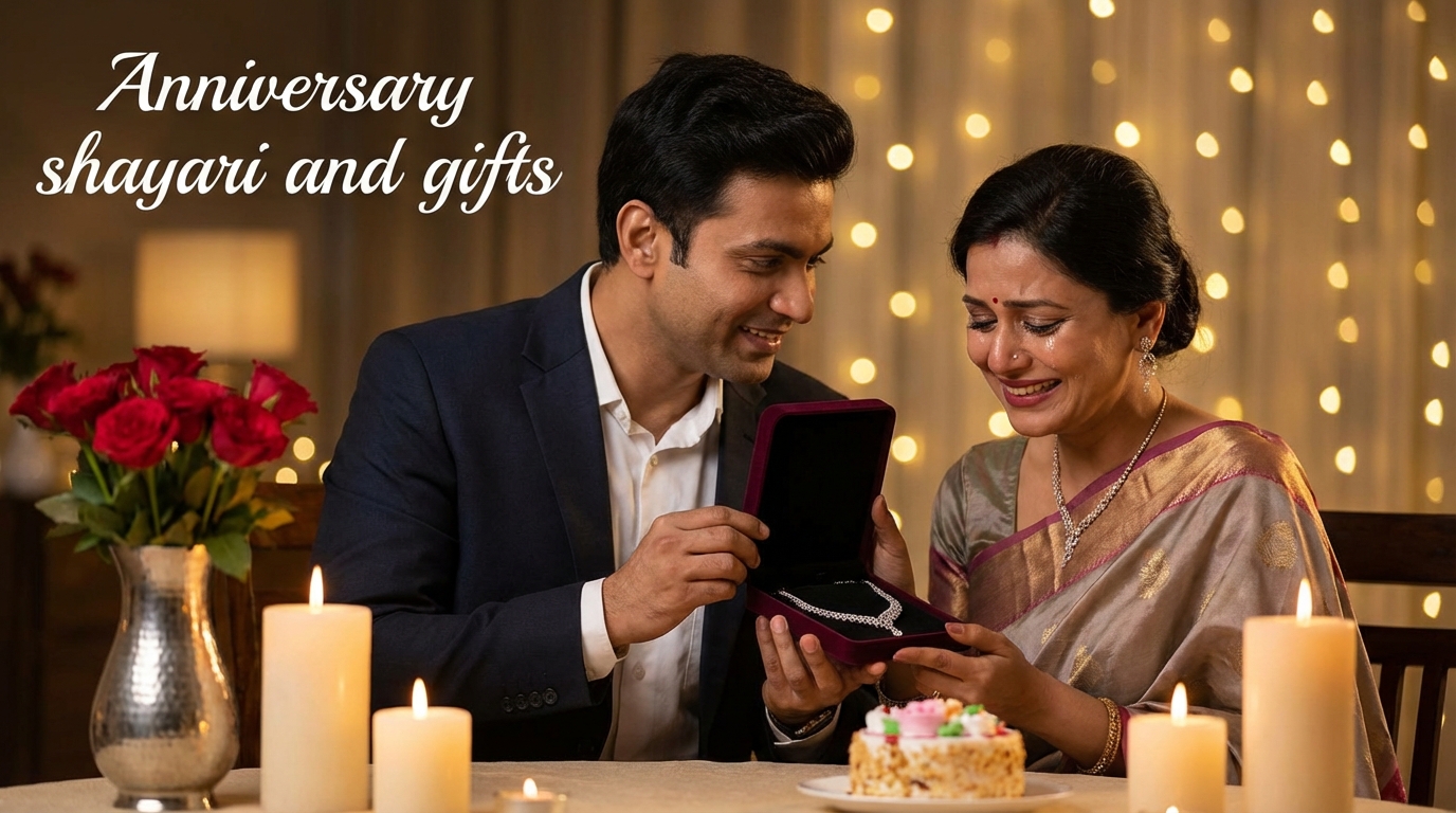 Wedding anniversary shayari and gift ideas for wife in India, romantic Indian couple celebrating anniversary with surprise gift and candle light dinner setup