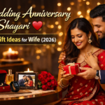 Wedding anniversary shayari and gift ideas for wife in India, romantic Indian couple celebrating anniversary with surprise gift and candle light dinner setup
