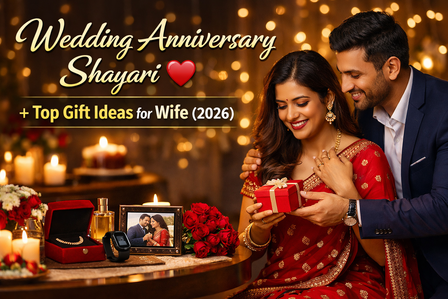 Wedding anniversary shayari and gift ideas for wife in India, romantic Indian couple celebrating anniversary with surprise gift and candle light dinner setup